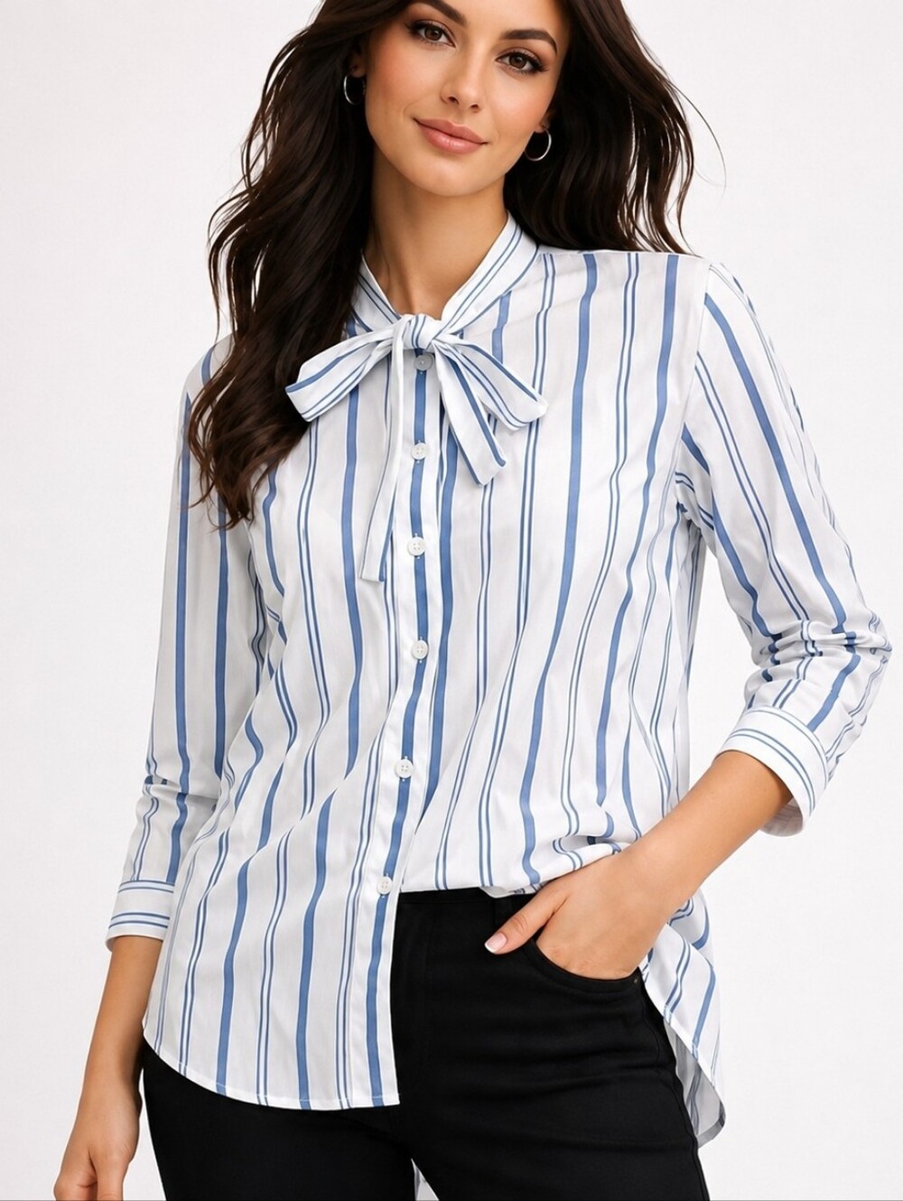 Elizabeth and James Blue Stripe Tie Neck Tunic Blouse XL